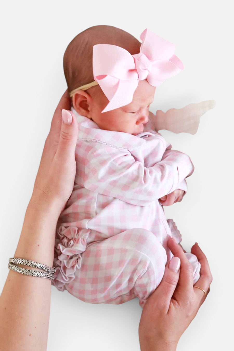 Peter Pan Collar Ruffle Zipper Footie in Rosy Gingham – side view