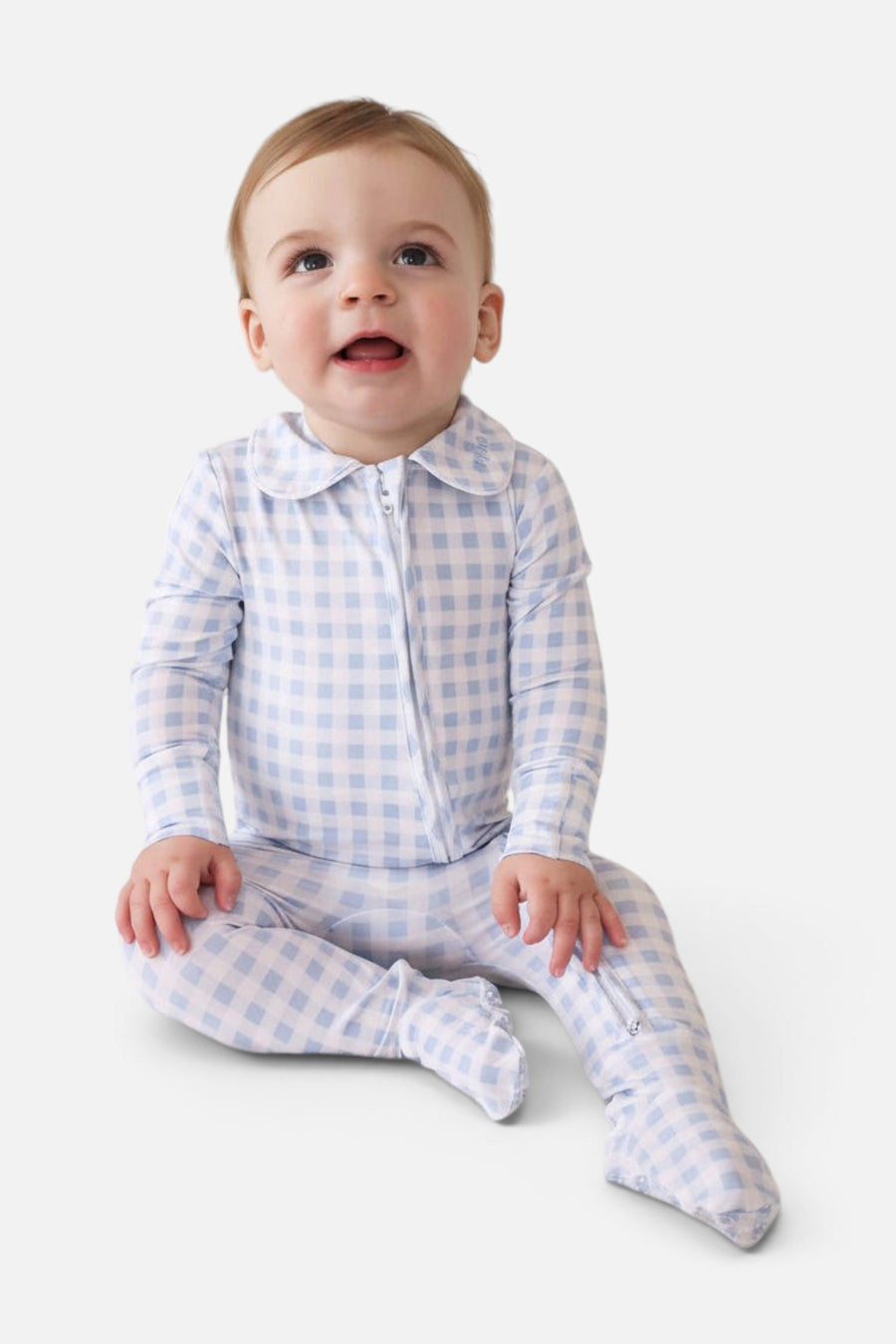 Peter Pan Collar Zipper Footie in Dusty Blue Gingham – back view