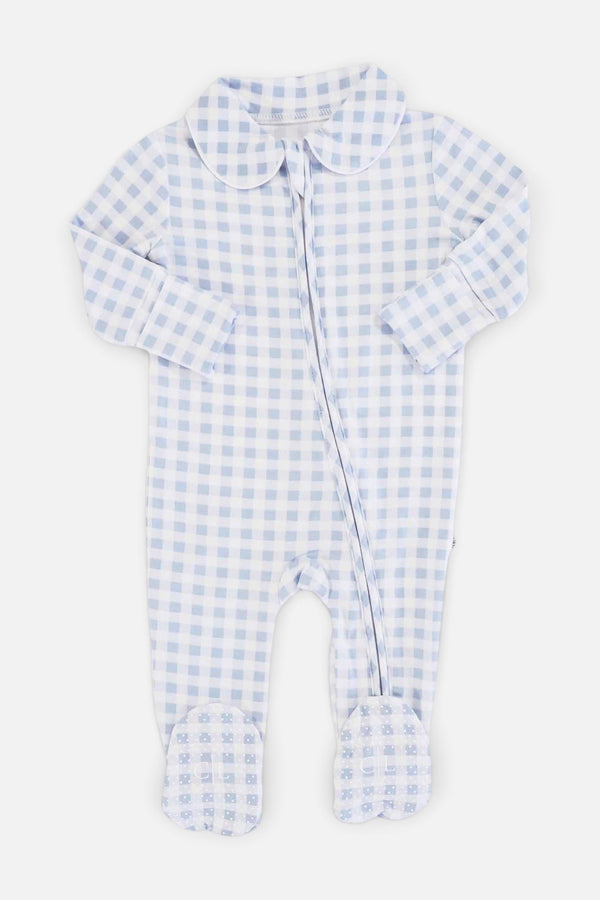 Caden Lane Peter Pan Collar Zipper Footie in Dusty Blue Gingham