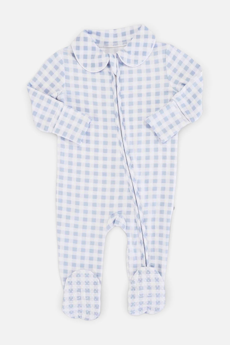 Peter Pan Collar Zipper Footie in Dusty Blue Gingham – front view