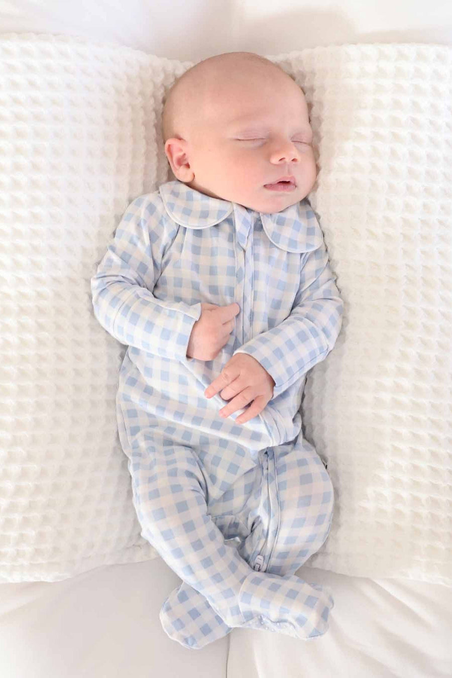 Peter Pan Collar Zipper Footie in Dusty Blue Gingham – side view