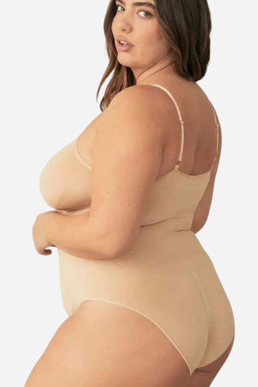 Pinsy Shapewear V Neck Spaghetti Butter Sculpt Seamless Shapewear Bodysuit in Beige – back view