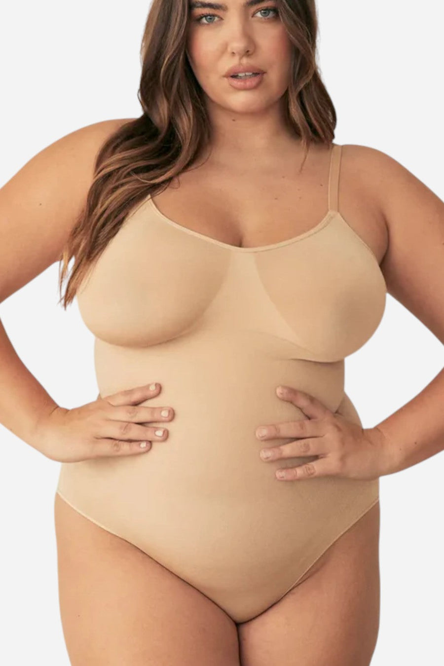 Pinsy Shapewear V Neck Spaghetti Butter Sculpt Seamless Shapewear Bodysuit in Beige – front view