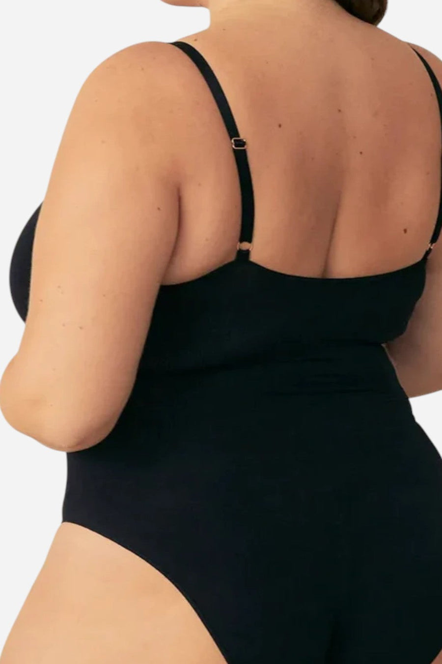 Pinsy Shapewear V Neck Spaghetti Butter Sculpt Seamless Shapewear Bodysuit in Black – flat lay