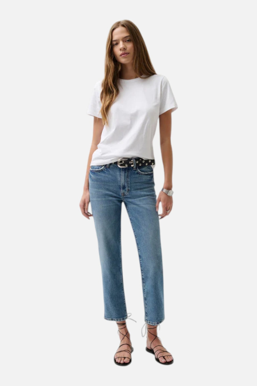 Pistola Aleks Mid Rise Crop Straight Jean in River – on model