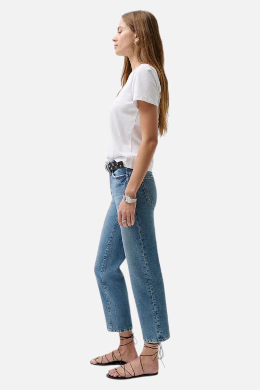 Pistola Aleks Mid Rise Crop Straight Jean in River – on model