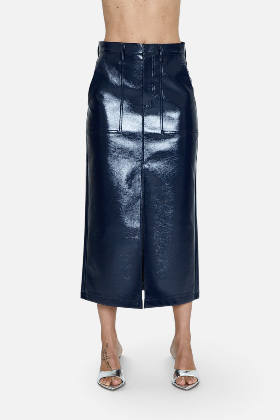 Pistola Alice Utility Midi Skirt in Navy Vinyl – back view