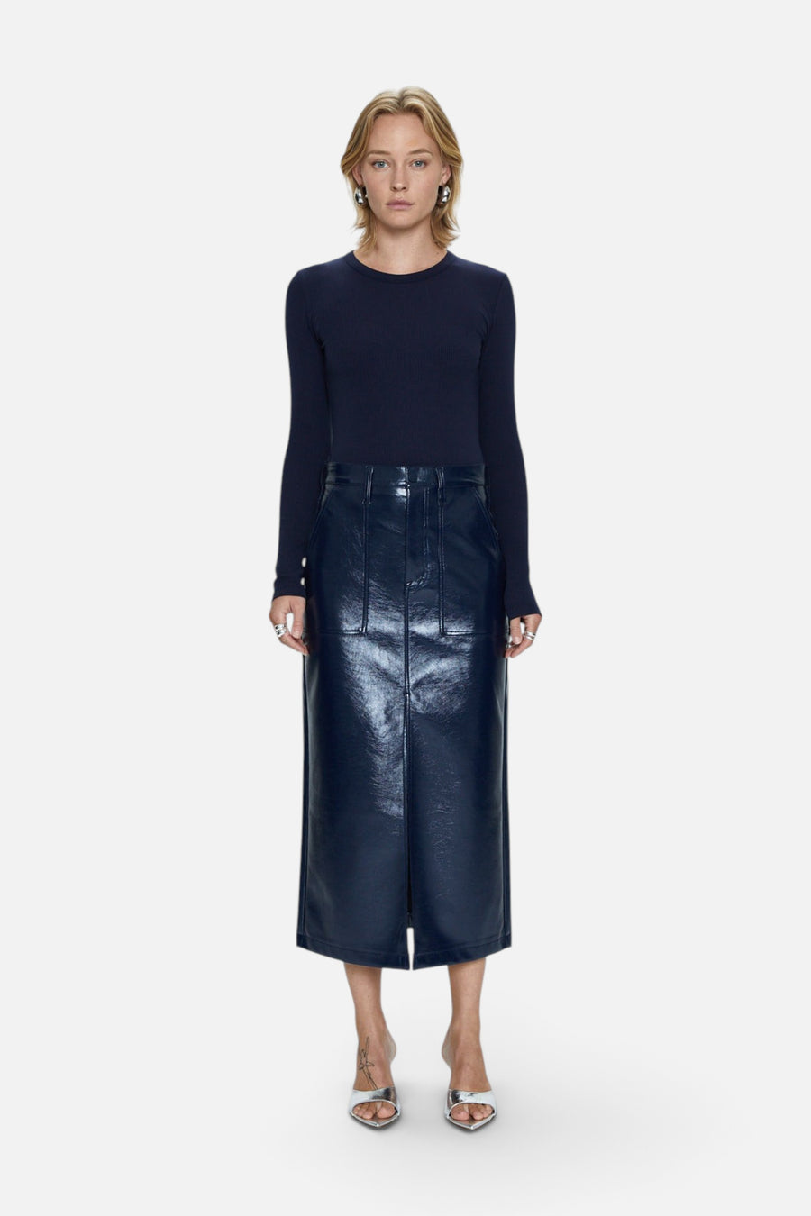 Pistola Alice Utility Midi Skirt in Navy Vinyl – flat lay