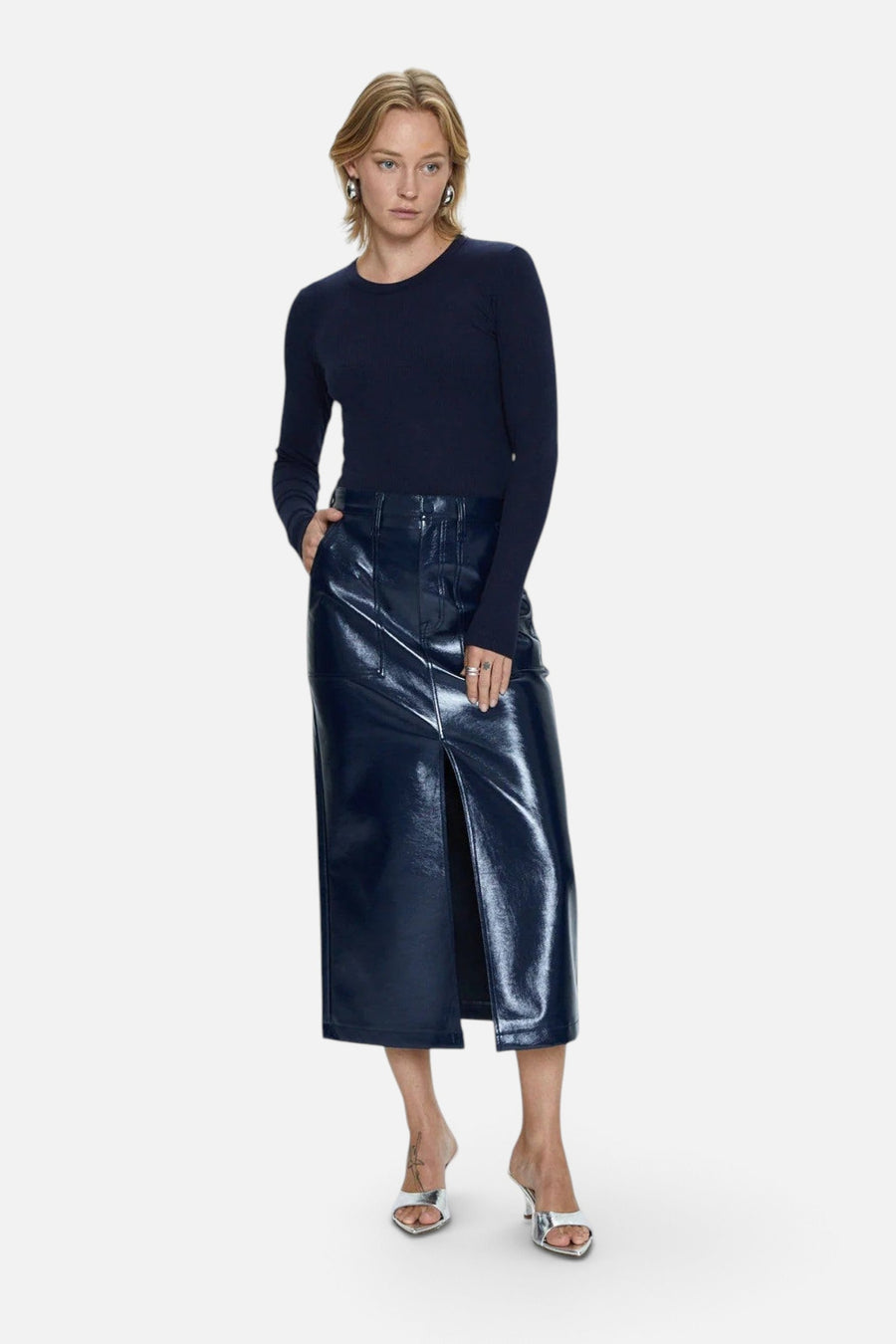 Pistola Alice Utility Midi Skirt in Navy Vinyl – side view