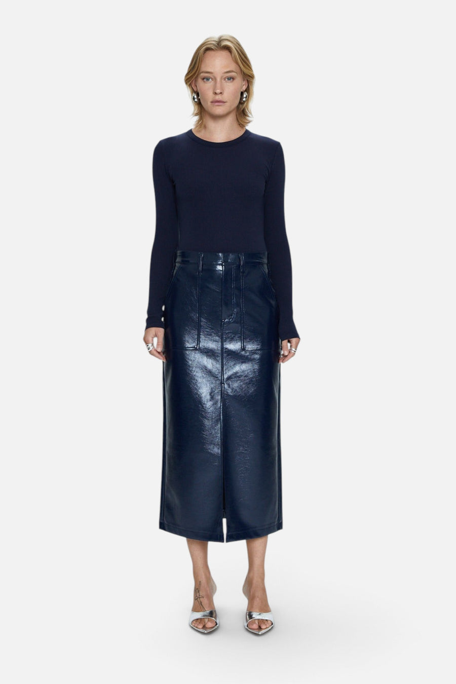 Pistola Alice Utility Midi Skirt in Navy Vinyl – side view