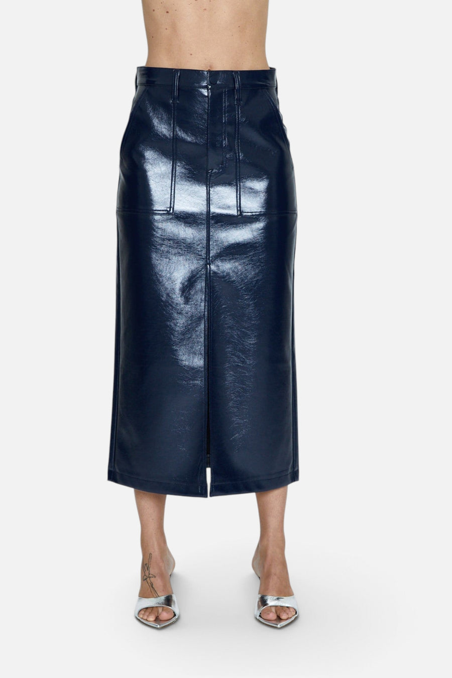Pistola Alice Utility Midi Skirt in Navy Vinyl – side view