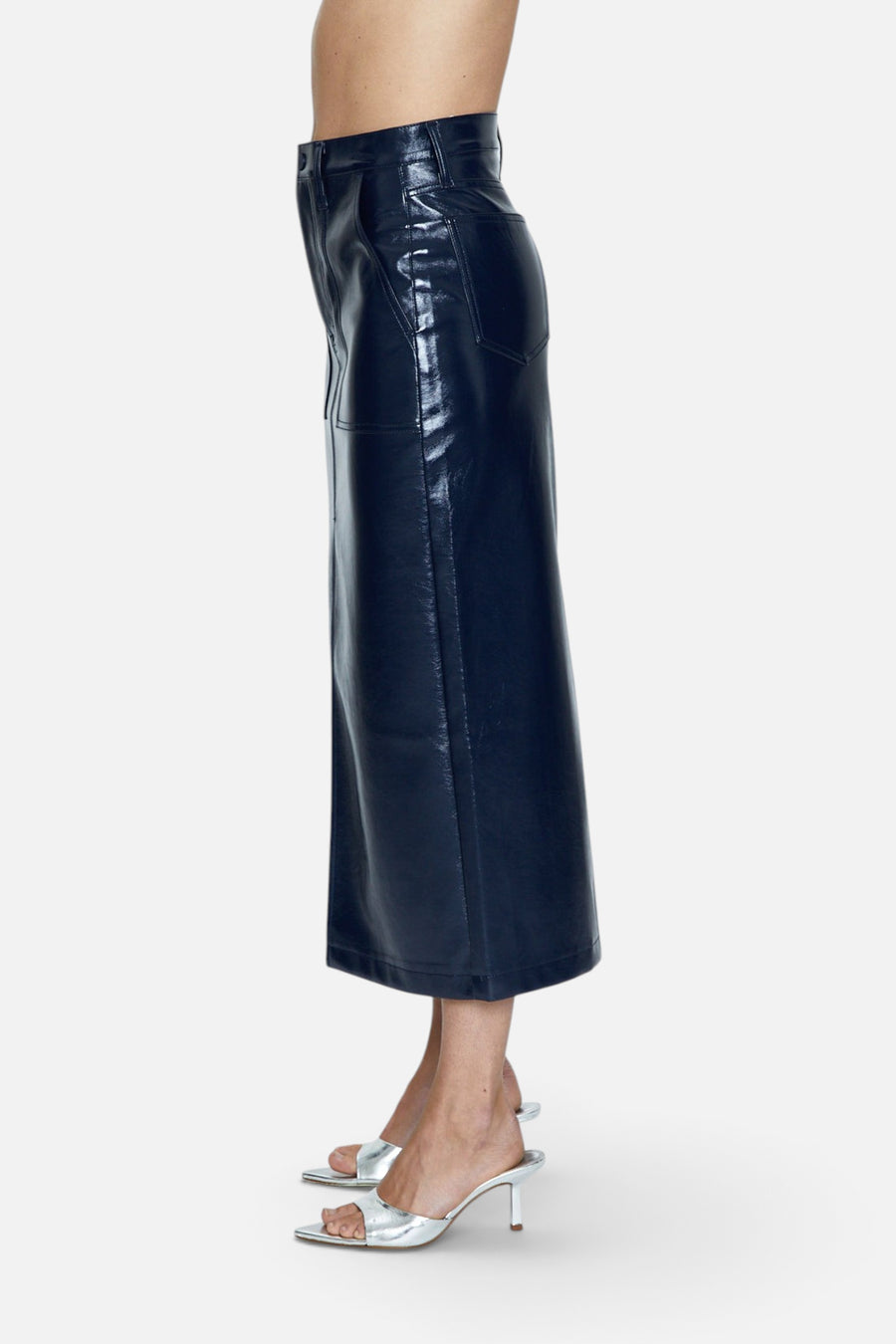 Pistola Alice Utility Midi Skirt in Navy Vinyl – side view