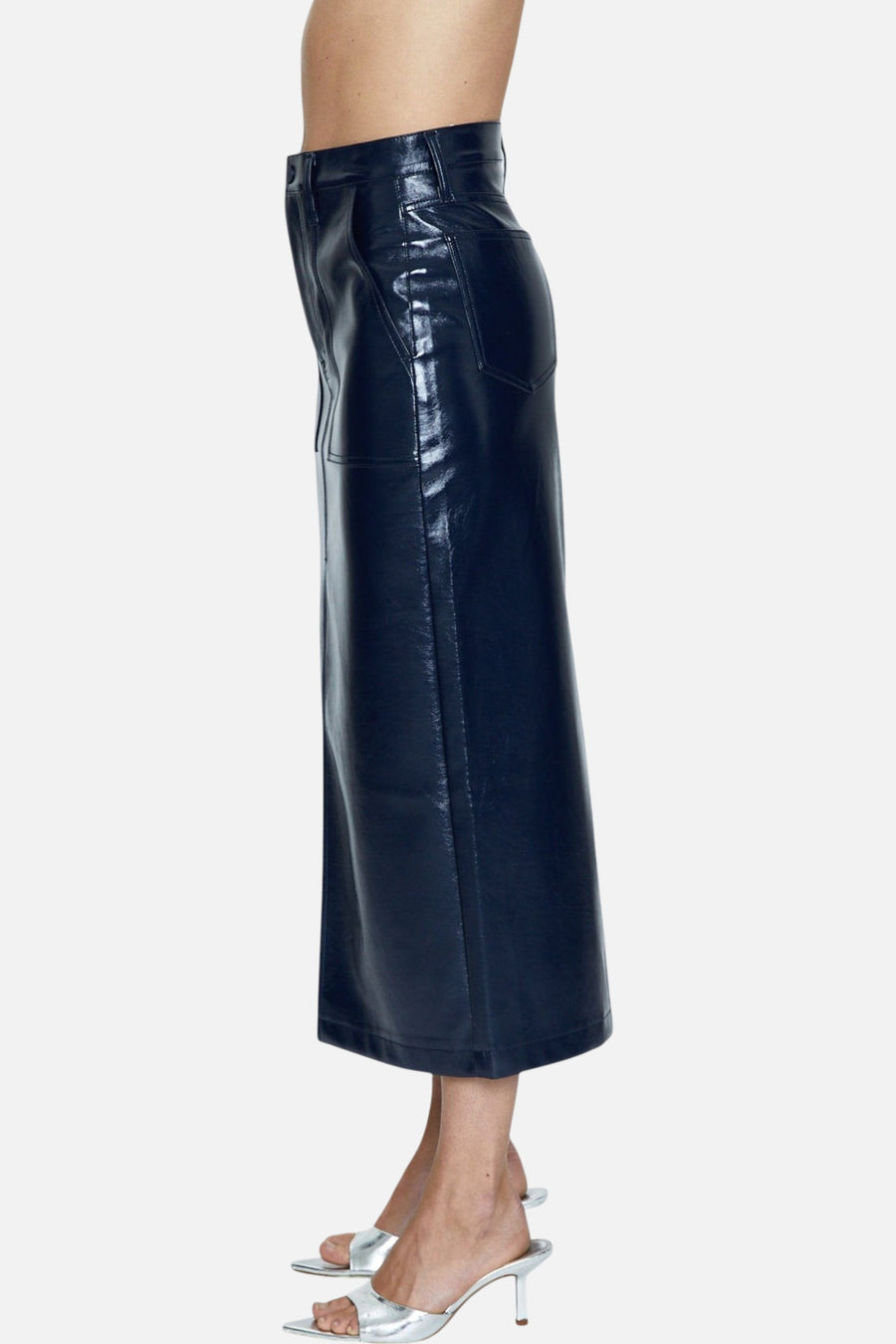 Pistola Alice Utility Midi Skirt in Navy Vinyl – side view