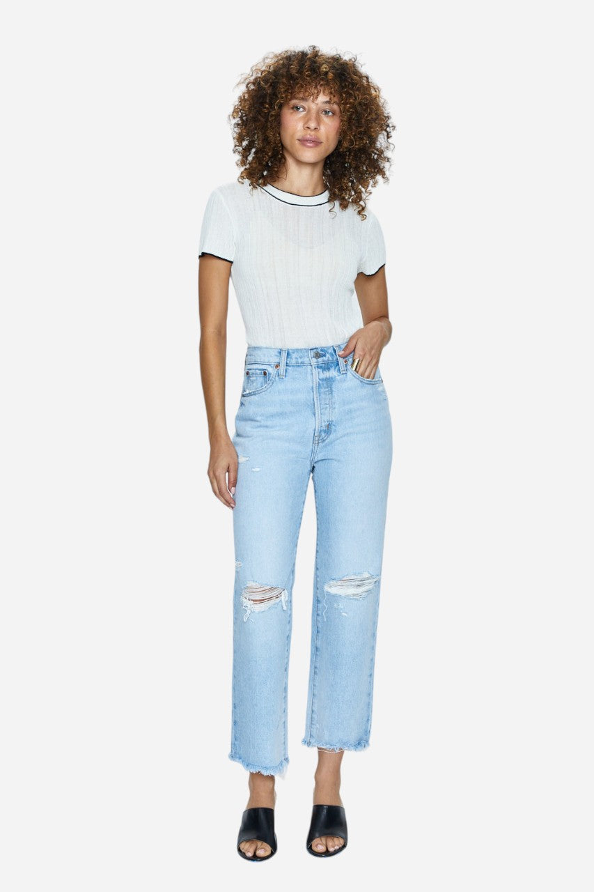 Pistola Cassie Crop High-Rise Straight Jeans in Daytrip Distressed – flat lay