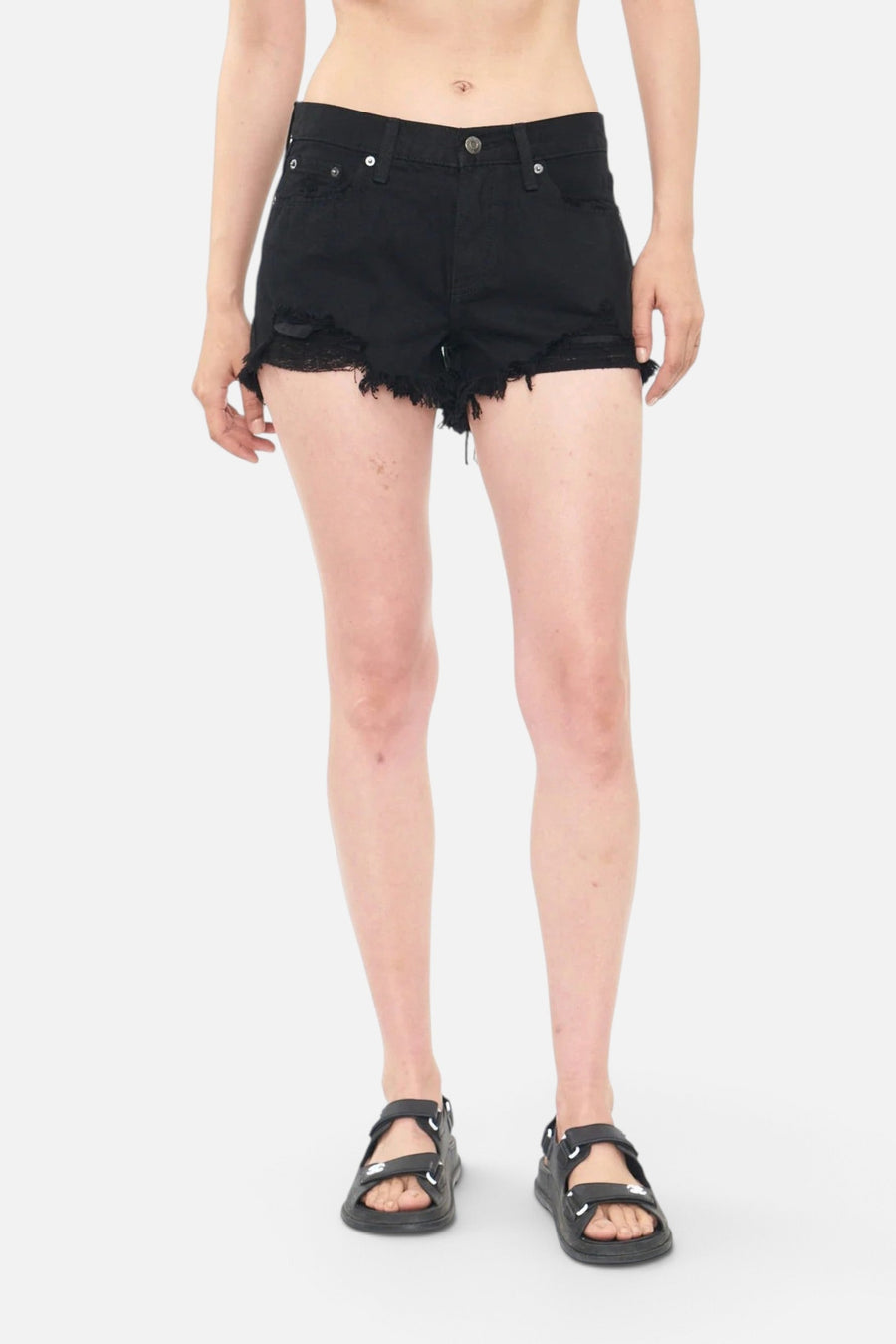 Pistola Gigi Low Rise Cut Off Shorts in Blackrock Distressed – on model