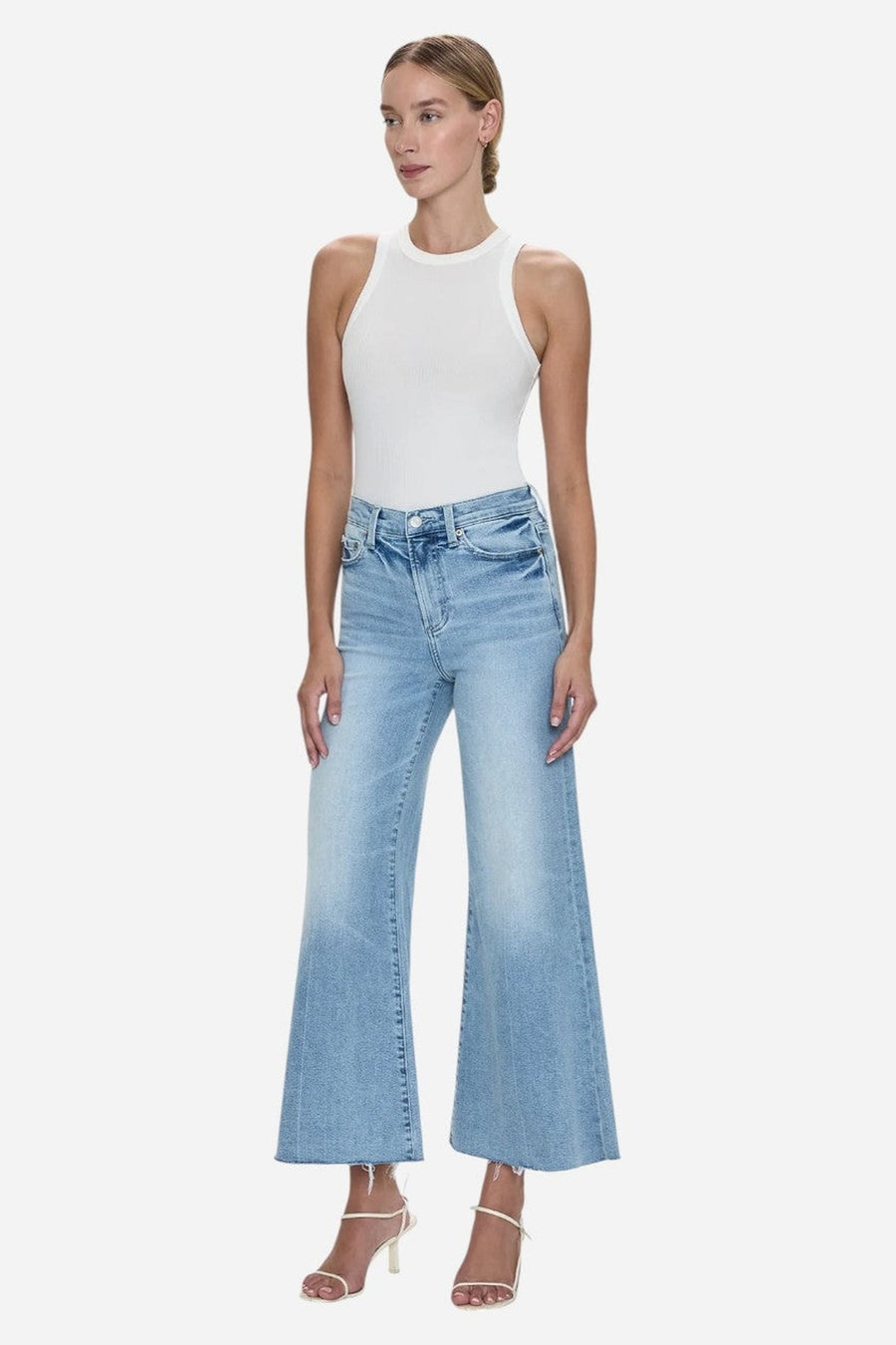 Pistola Izzy Mid Rise Wide Leg Crop in Strive – on model