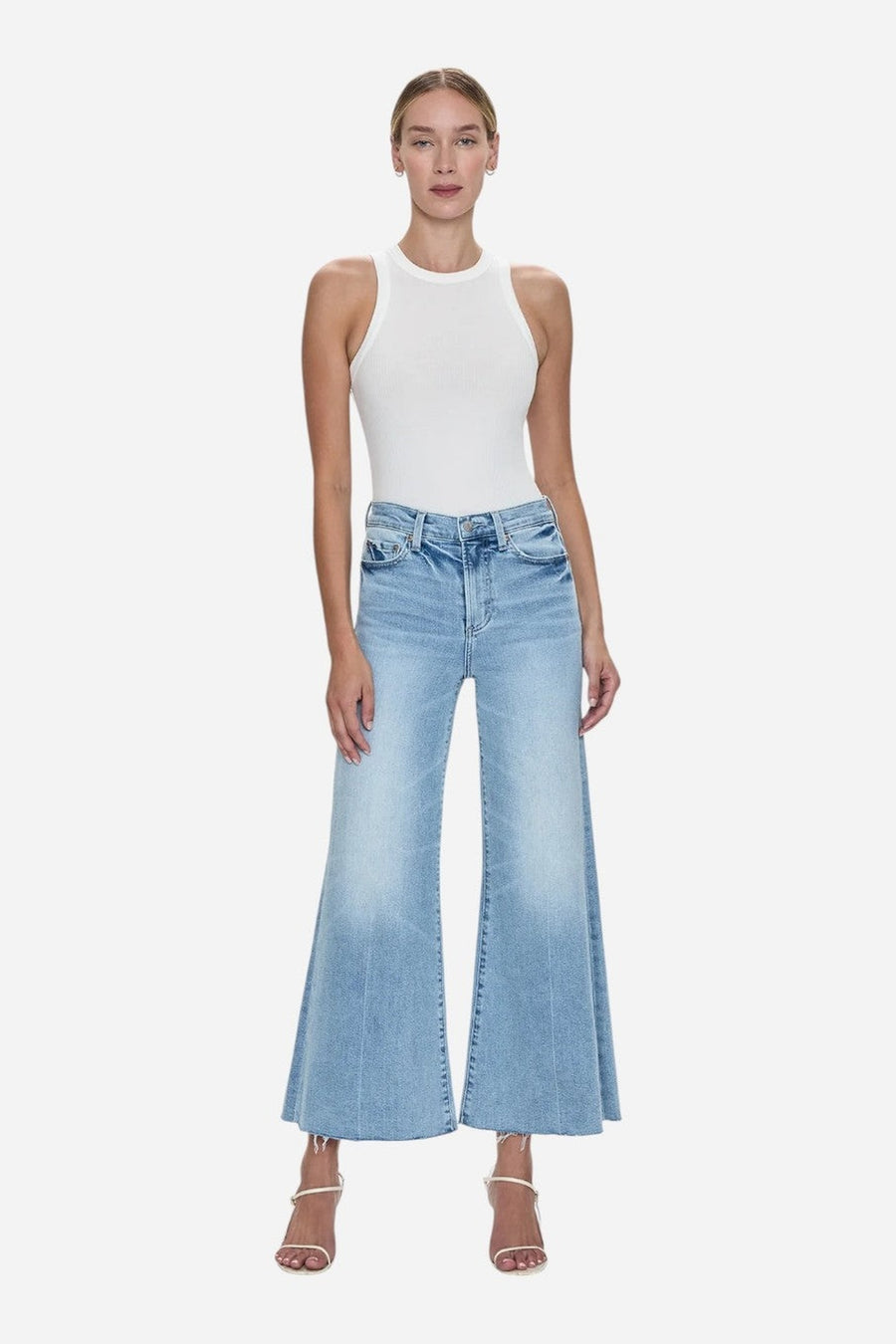 Pistola Izzy Mid Rise Wide Leg Crop in Strive – on model