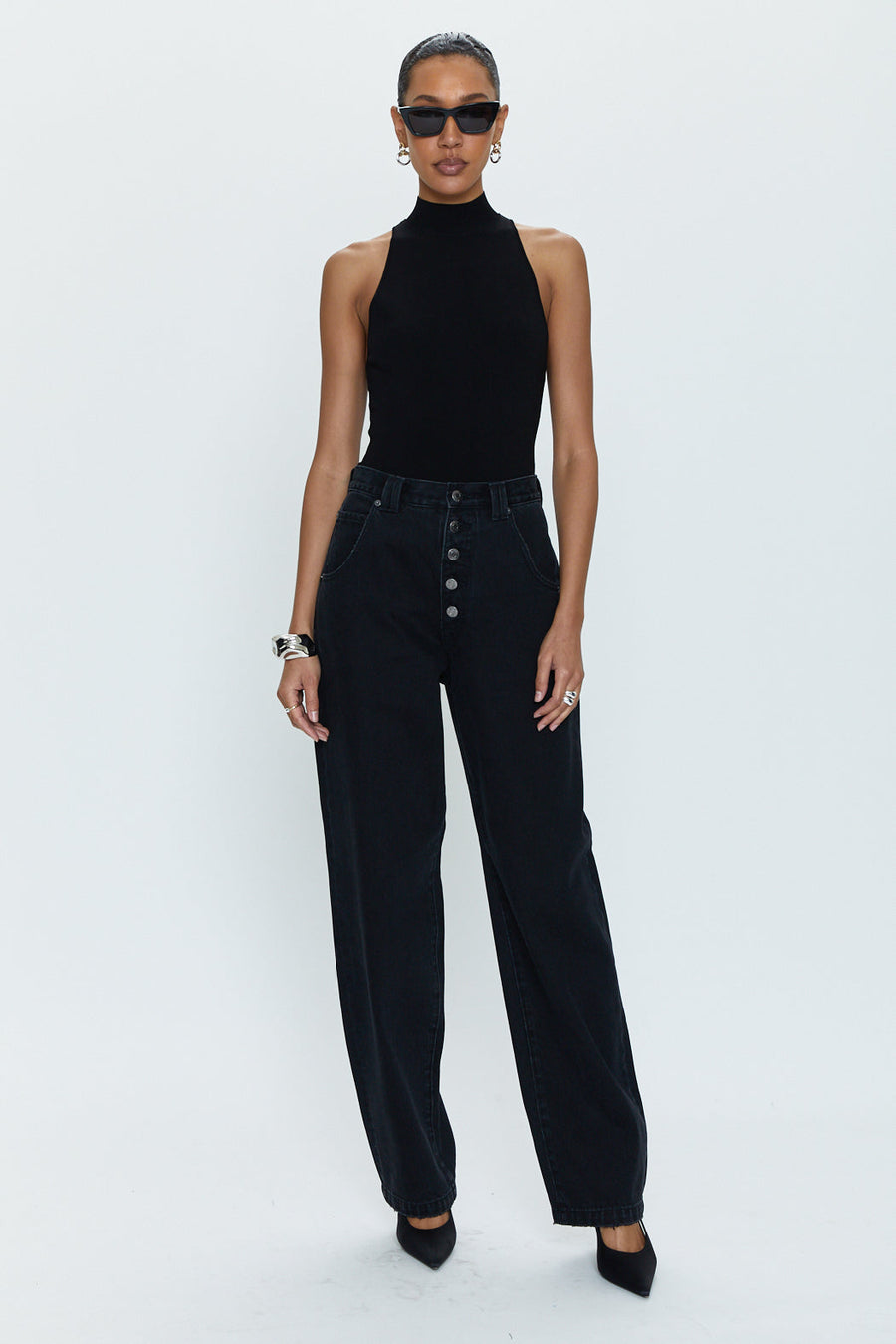 Pistola Janessa Mock Neck Bodysuit in Midnight – flat lay