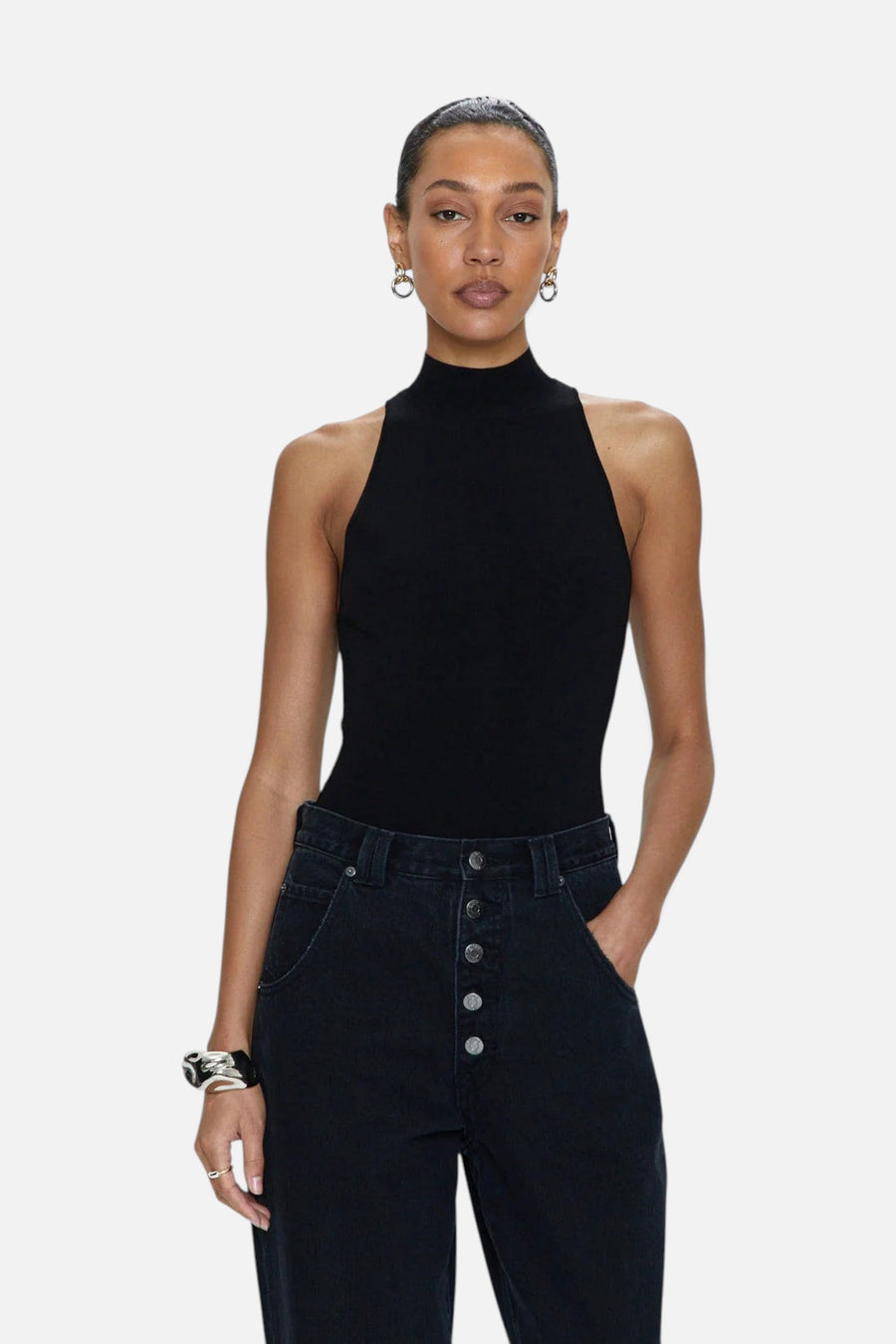 Pistola Janessa Mock Neck Bodysuit in Midnight – front view
