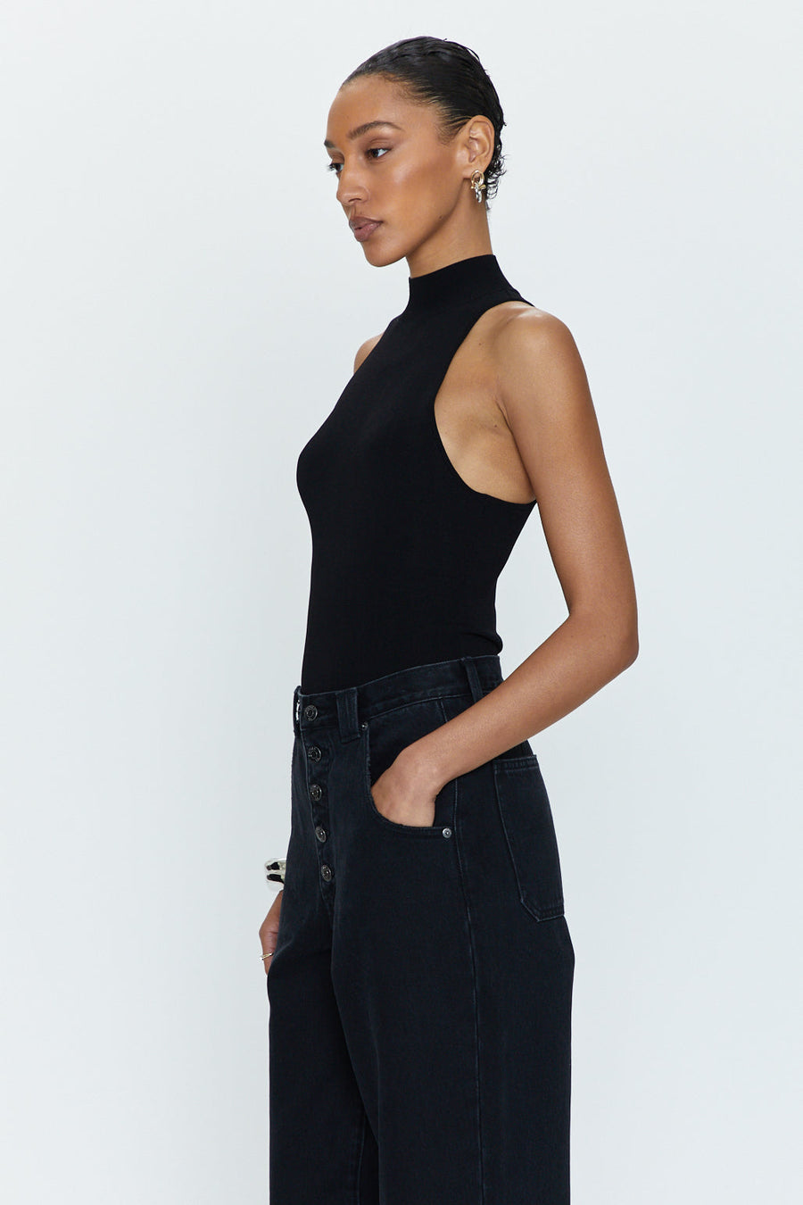 Pistola Janessa Mock Neck Bodysuit in Midnight – side view
