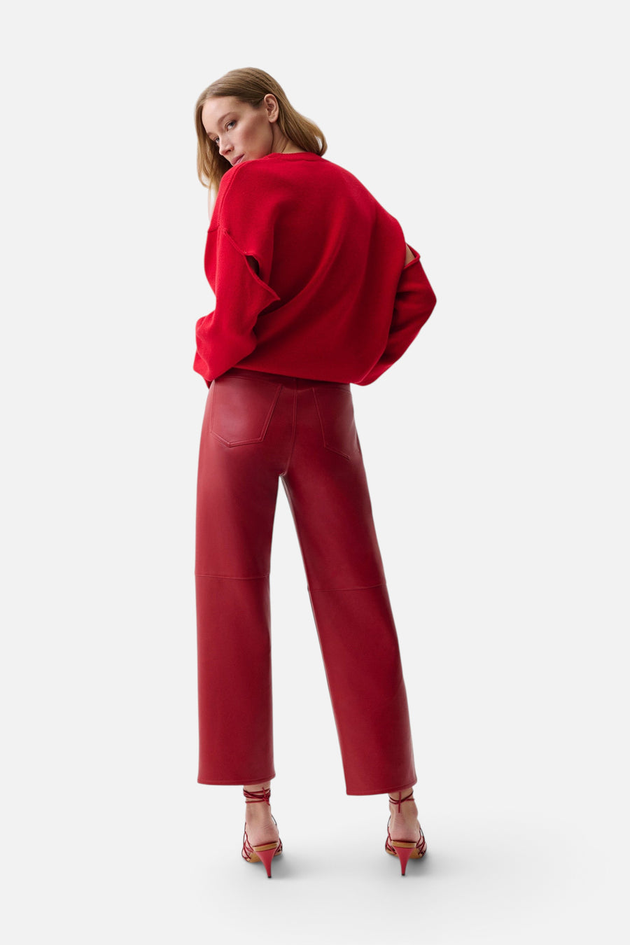 Pistola Jett Alt-Leather High Rise Bowed Straight Pant in Savvy Red – back view