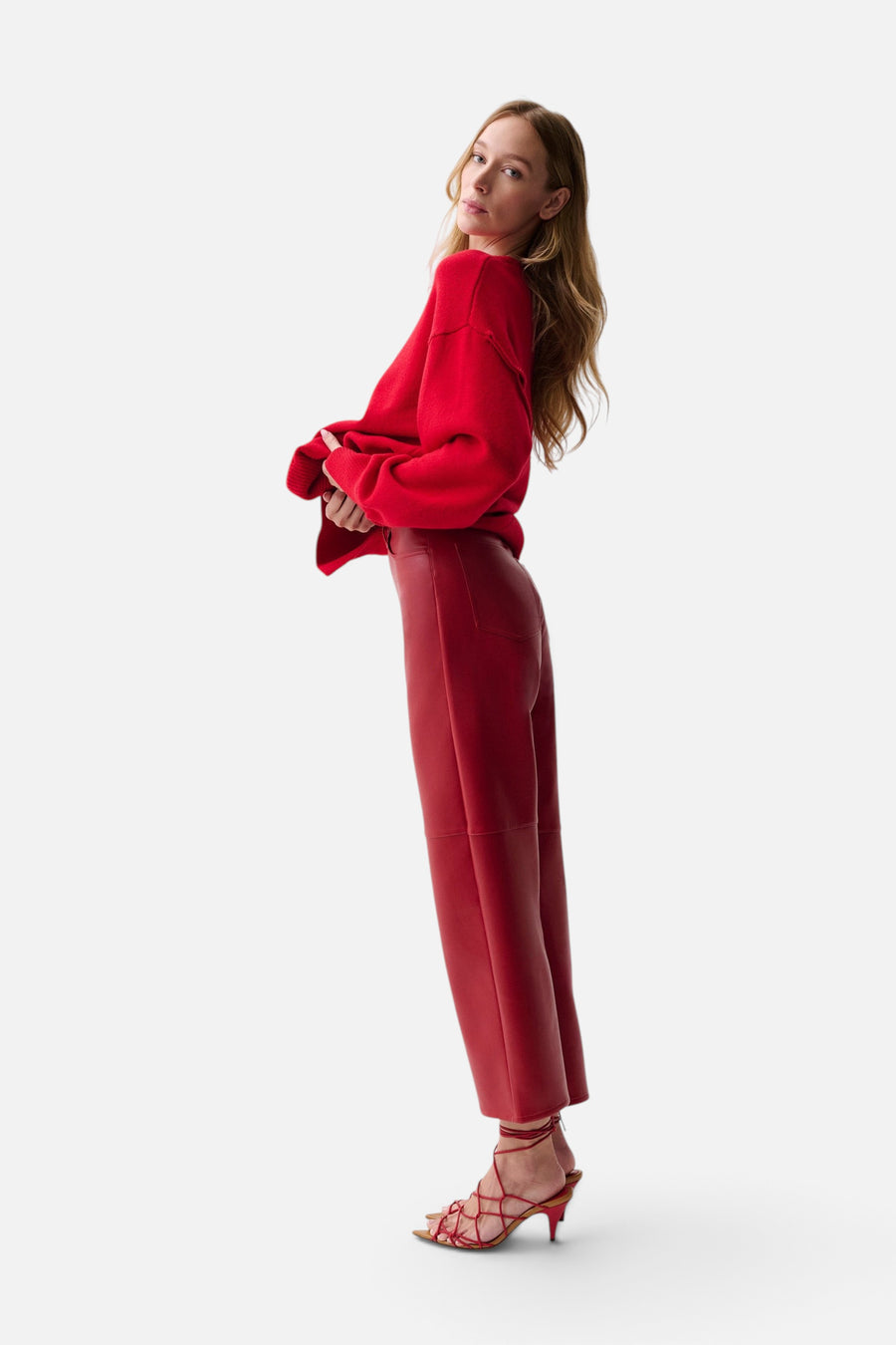 Pistola Jett Alt-Leather High Rise Bowed Straight Pant in Savvy Red – side view
