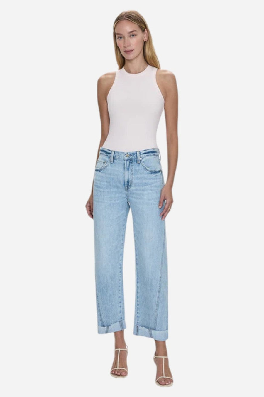 Pistola Kacey Mid Rise Cuffed Straight Jean - Berkeley – on model