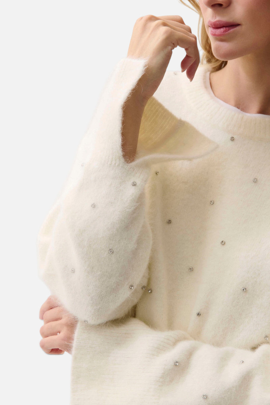 Pistola Luna Embellished Crew Neck Sweater in Winter White – detail
