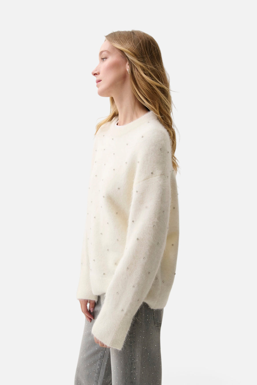 Pistola Luna Embellished Crew Neck Sweater in Winter White – side view