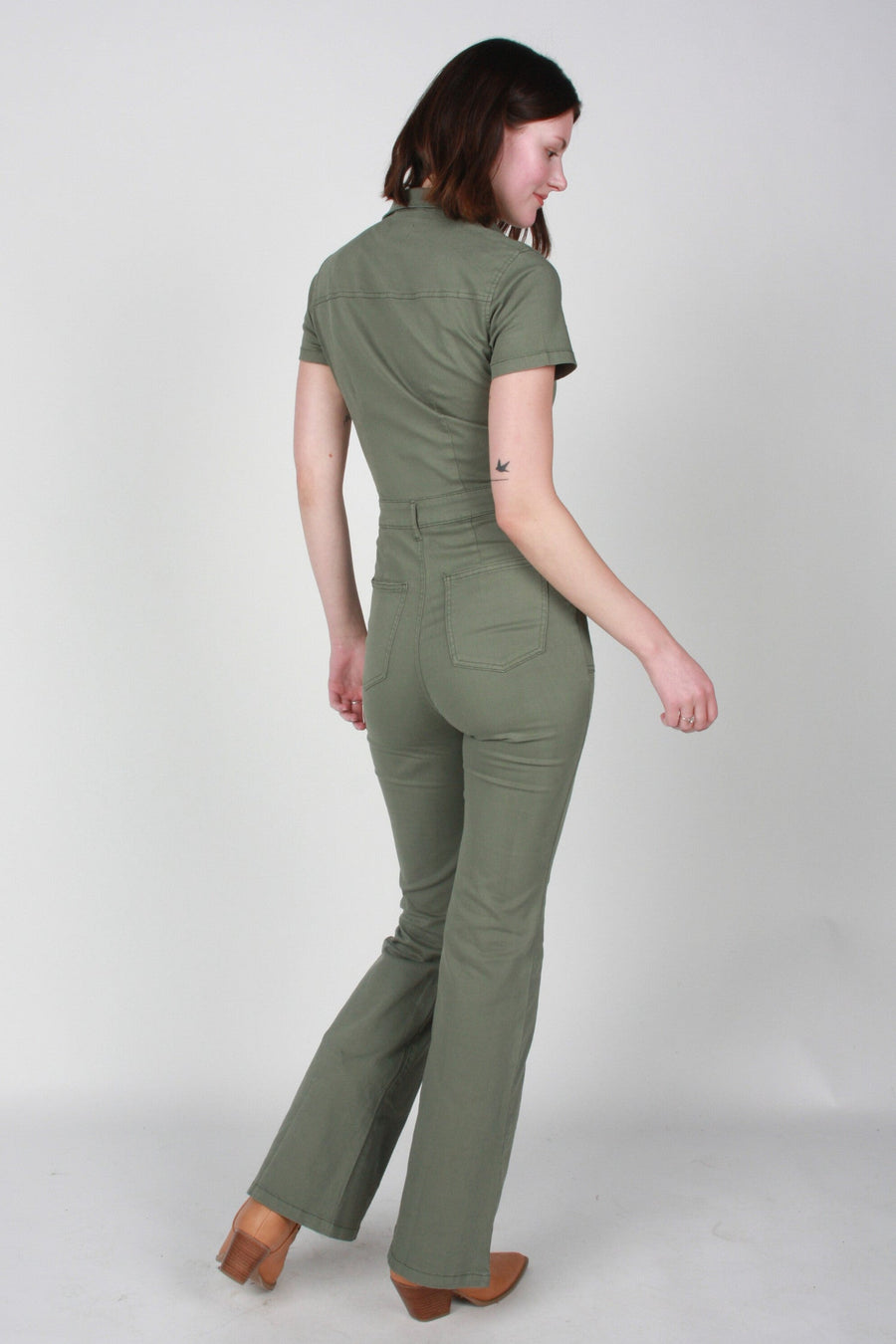 Pistola Martina Short Sleeve Flare Jumpsuit in Colonel – back view