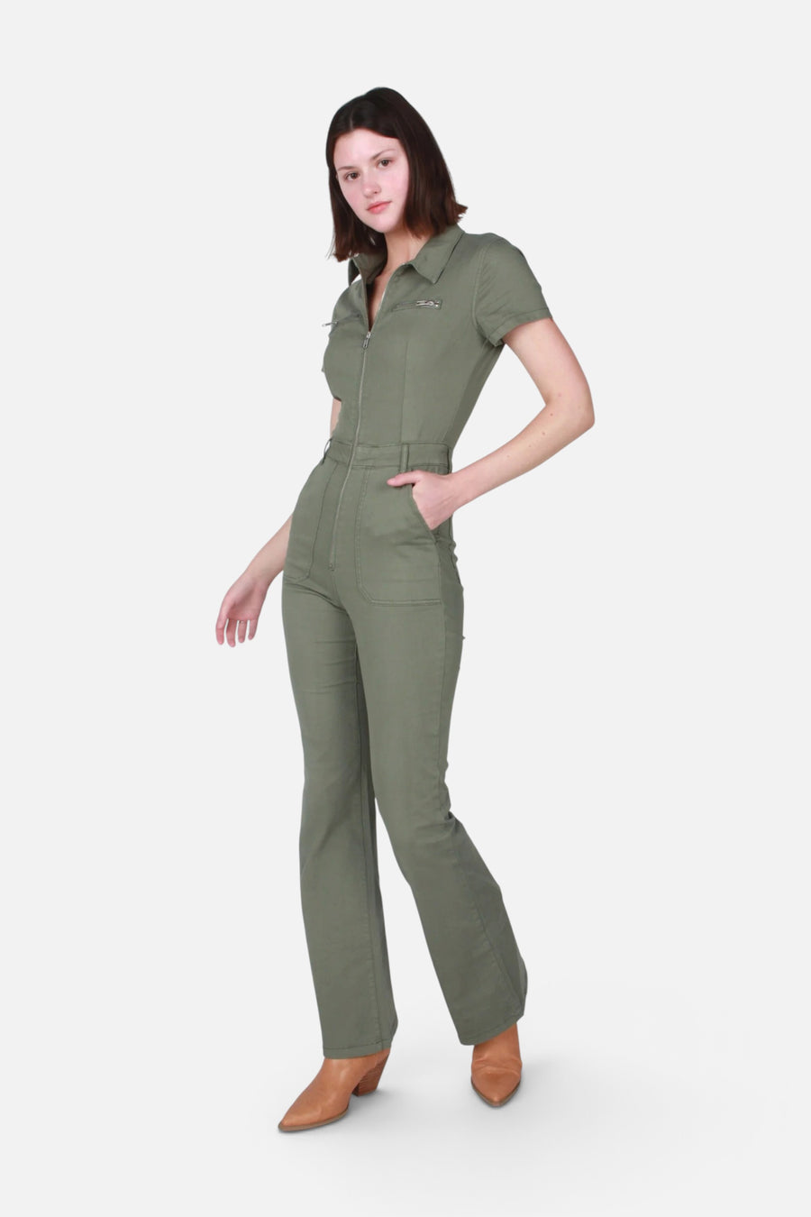 Pistola Martina Short Sleeve Flare Jumpsuit in Colonel – front view