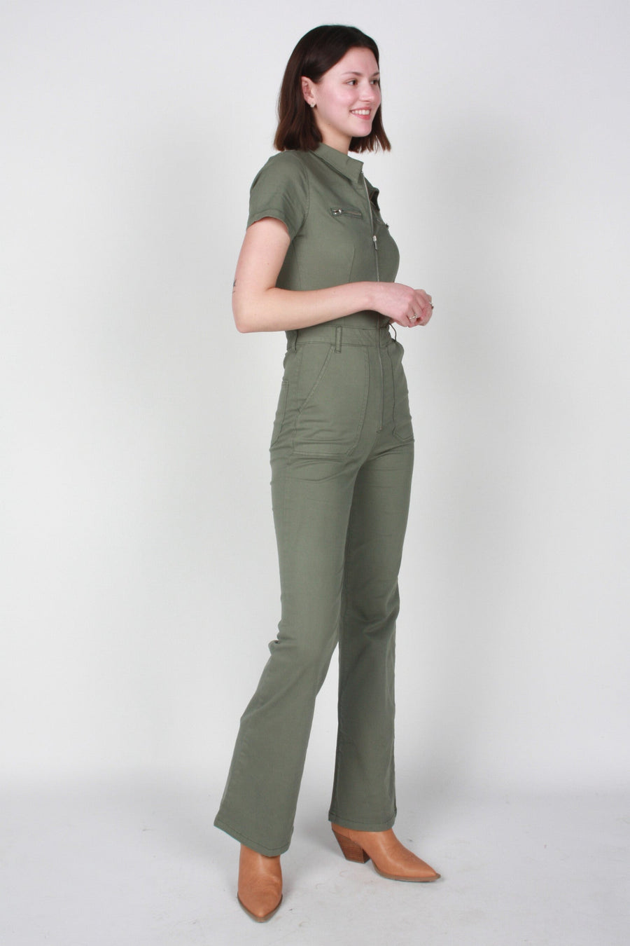 Pistola Martina Short Sleeve Flare Jumpsuit in Colonel – side view