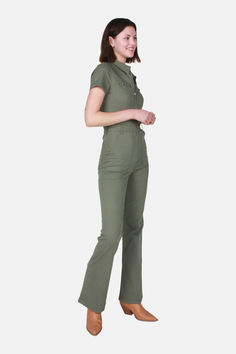 Pistola Martina Short Sleeve Flare Jumpsuit in Colonel – on model
