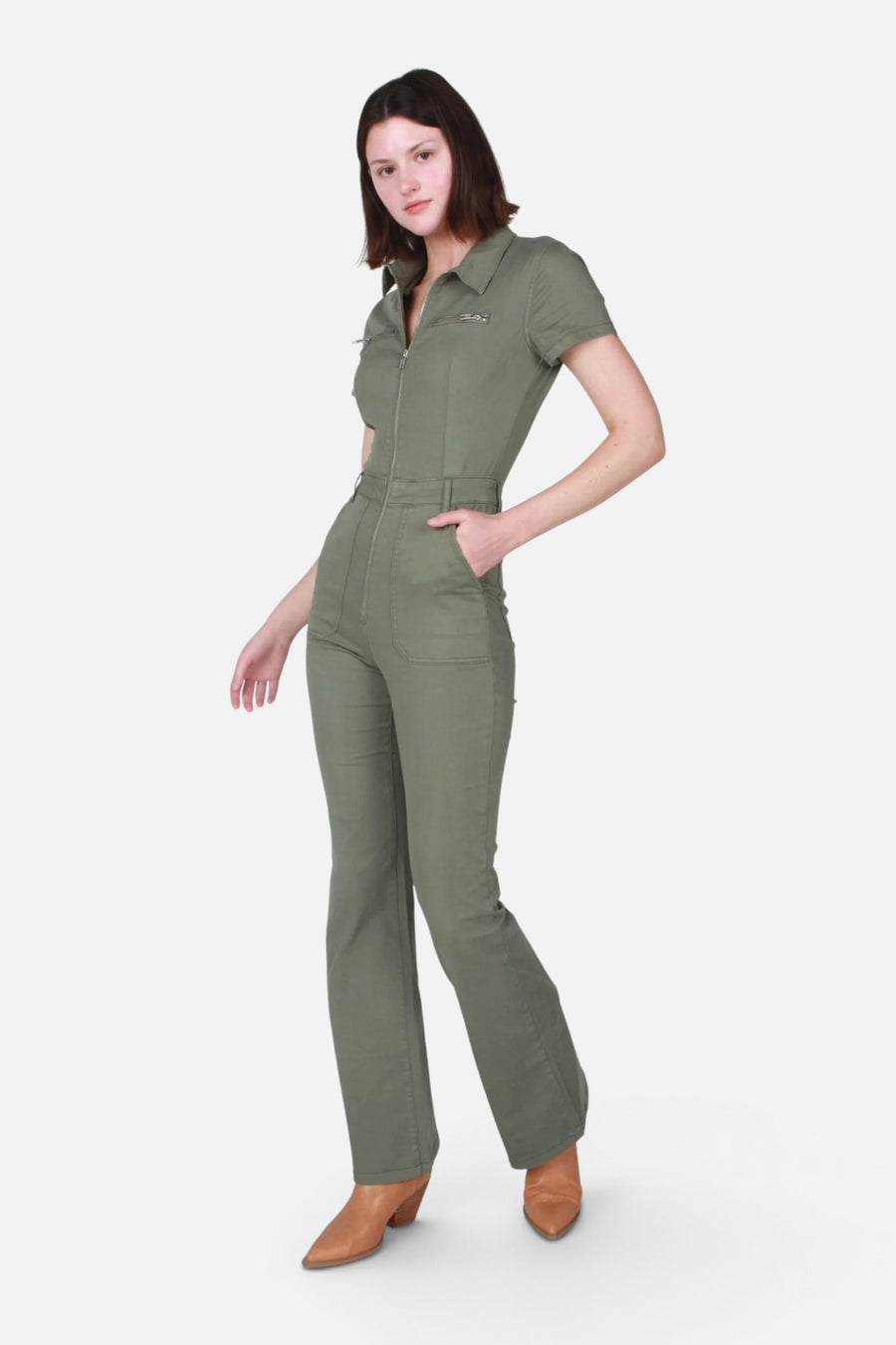 Pistola Martina Short Sleeve Flare Jumpsuit in Colonel – on model