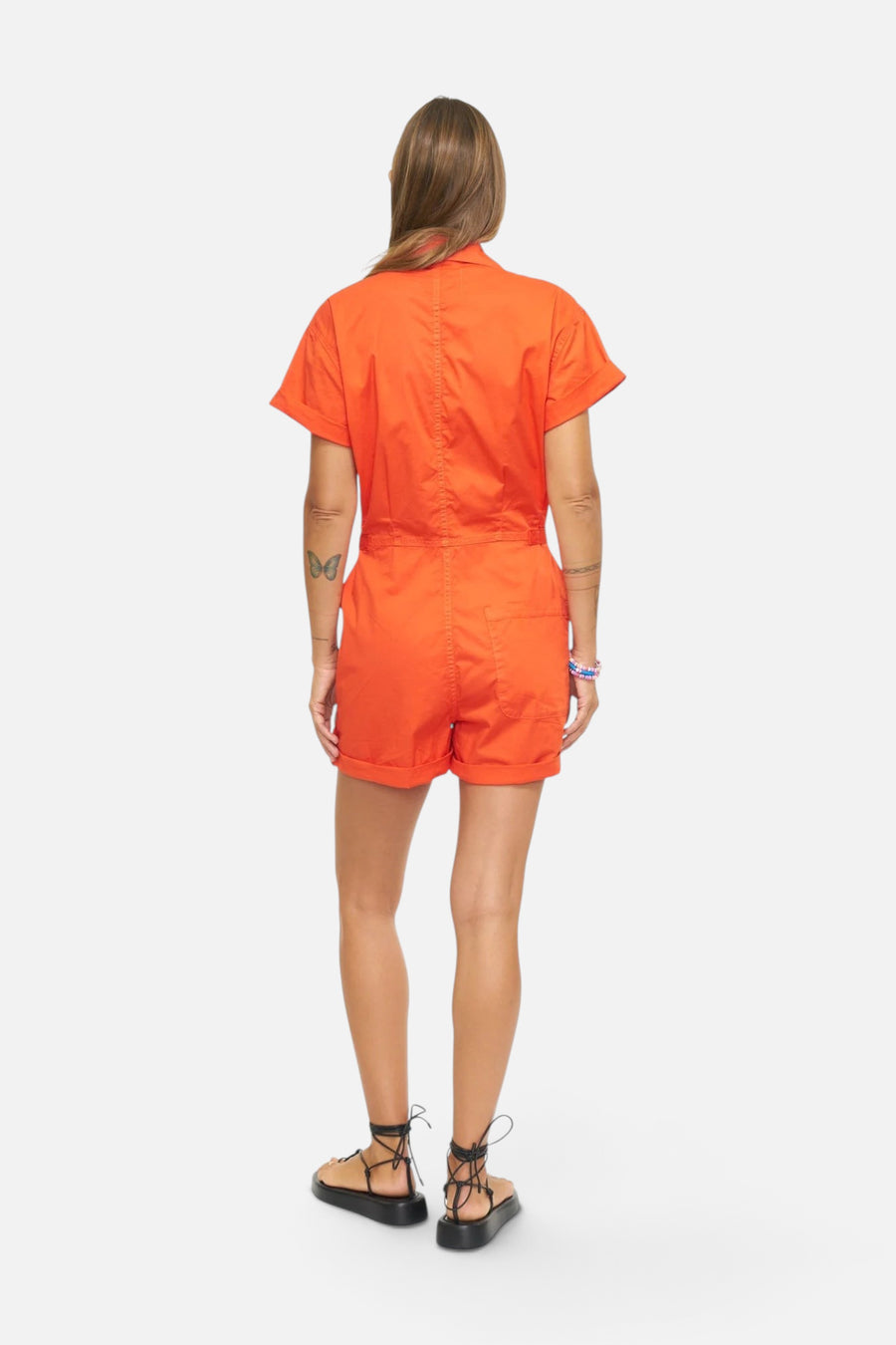 Pistola Parker Short Sleeve Romper in Blood Orange – side view