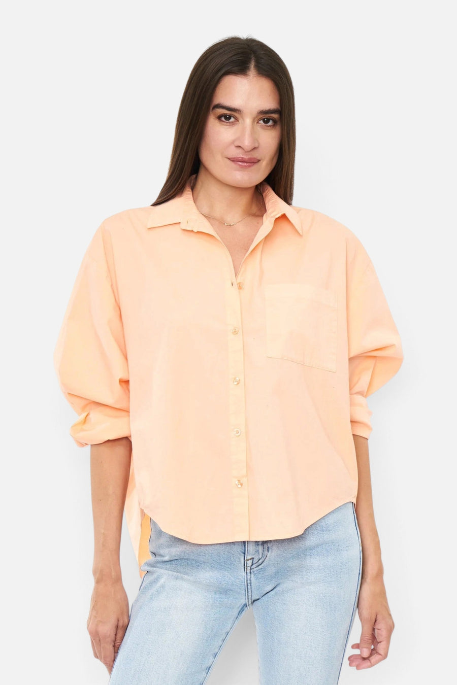Pistola Sloane Long Sleeve Oversized Button Down Shirt in Sherbet – on model