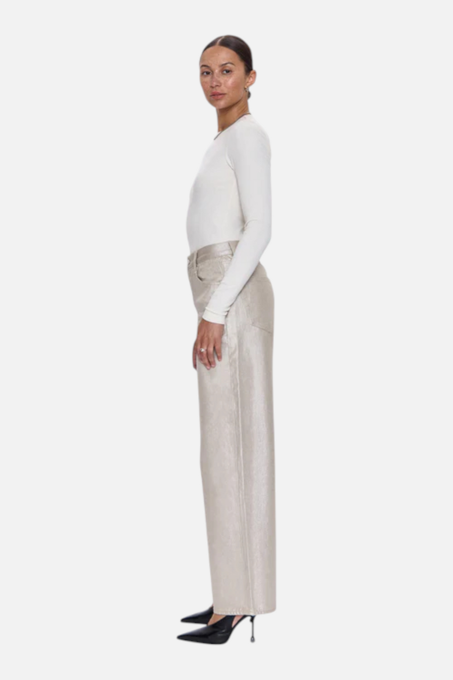 Pistola Tate High Rise Bowed Wide Leg Jean in Champagne Luster – side view