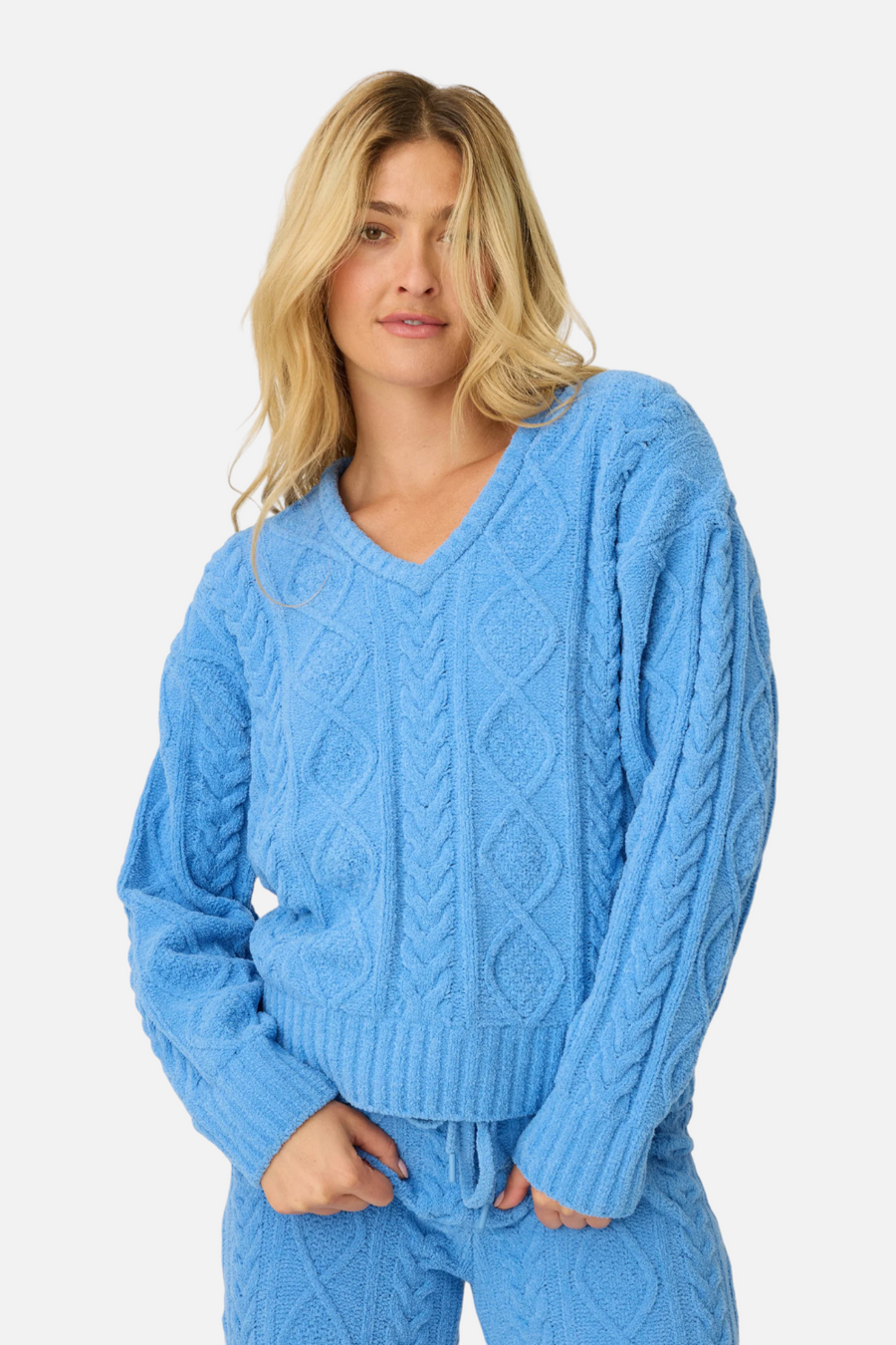 PJ Salvage Cozy Chenille Cable Knit Long Sleeve in Sea – front view