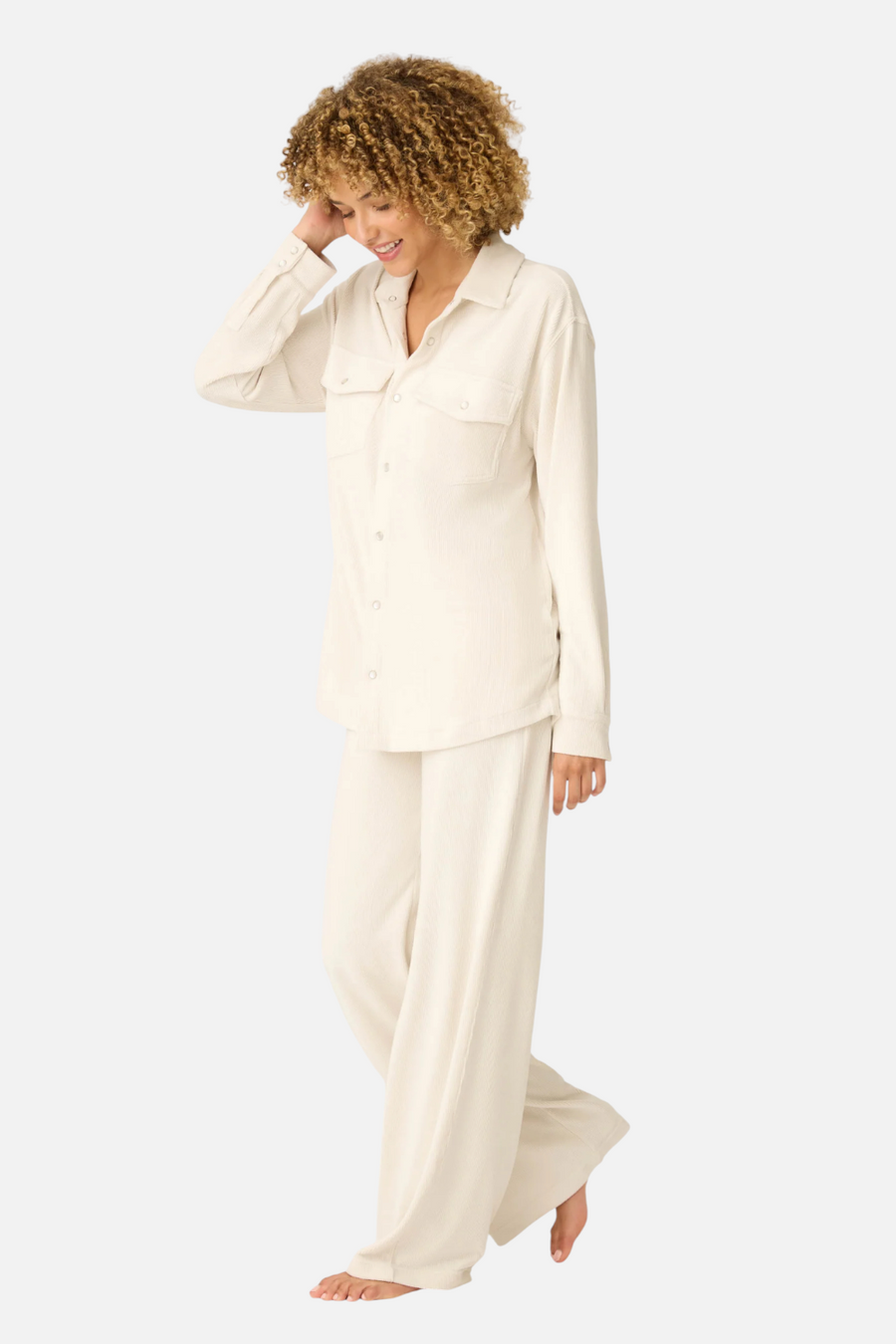 PJ Salvage Craving Corduroy Long Sleeve Top in Natural – front view