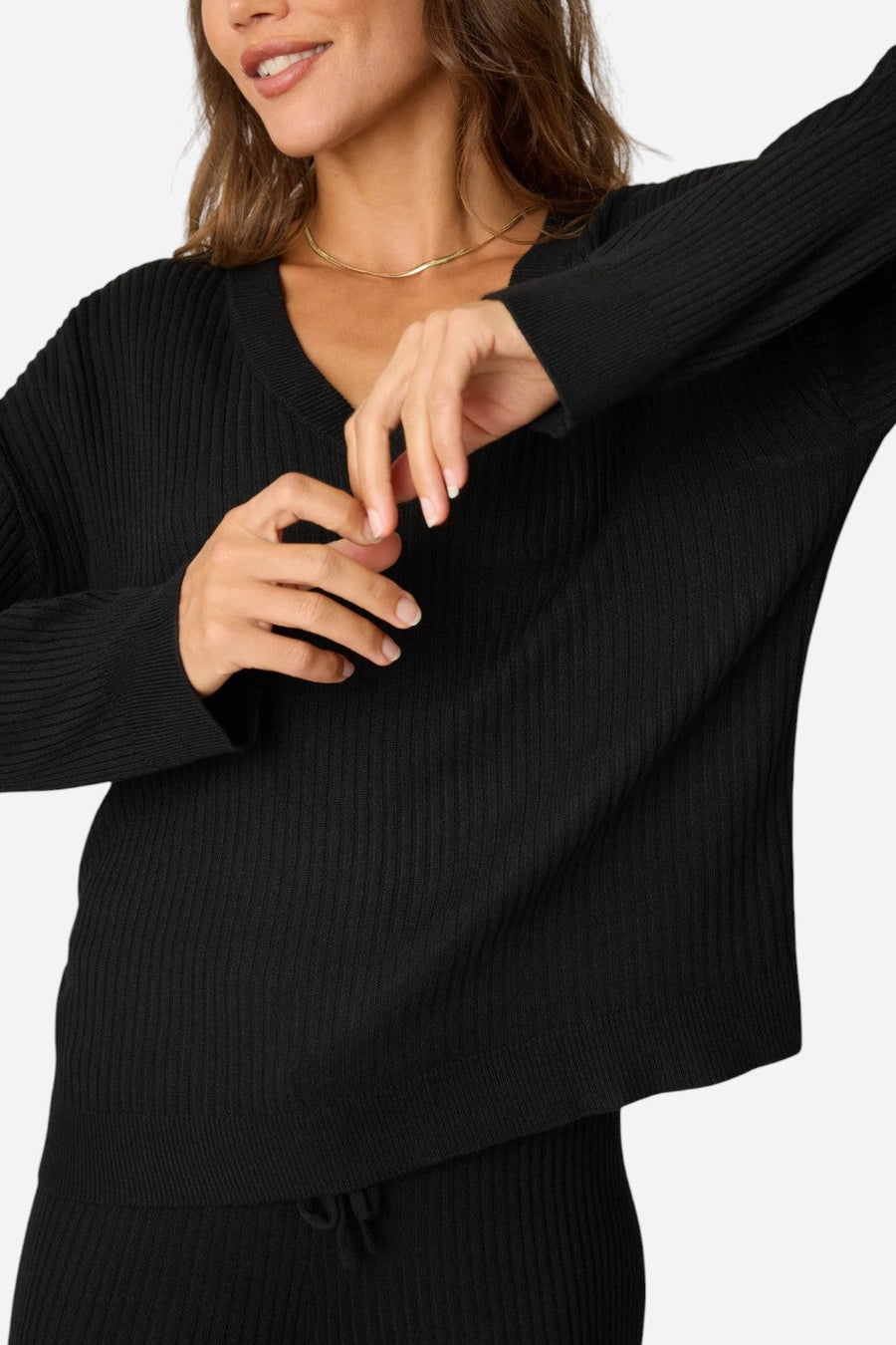 PJ Salvage Jet Set Luxe Ribbed Long Sleeve Top in Black – back view