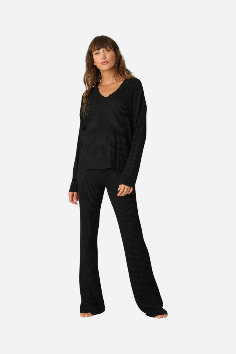 PJ Salvage Jet Set Luxe Ribbed Long Sleeve Top in Black – flat lay