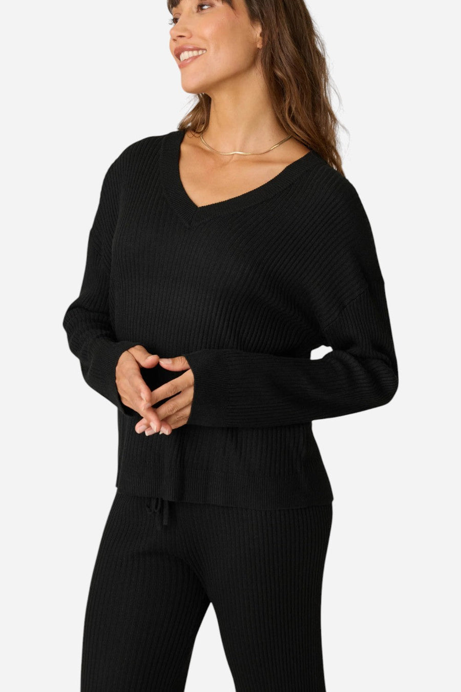 PJ Salvage Jet Set Luxe Ribbed Long Sleeve Top in Black – front view