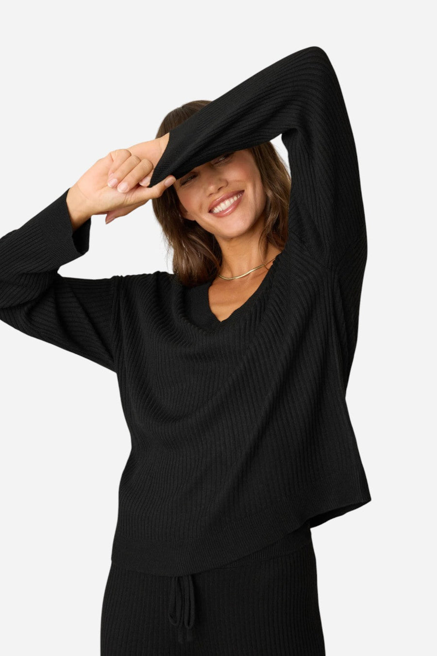 PJ Salvage Jet Set Luxe Ribbed Long Sleeve Top in Black – side view