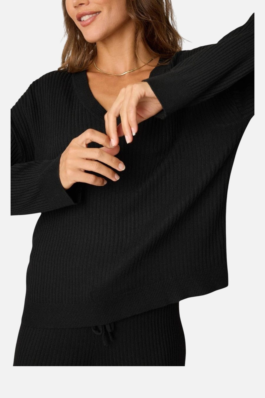 PJ Salvage Jet Set Luxe Ribbed Long Sleeve Top in Black – side view