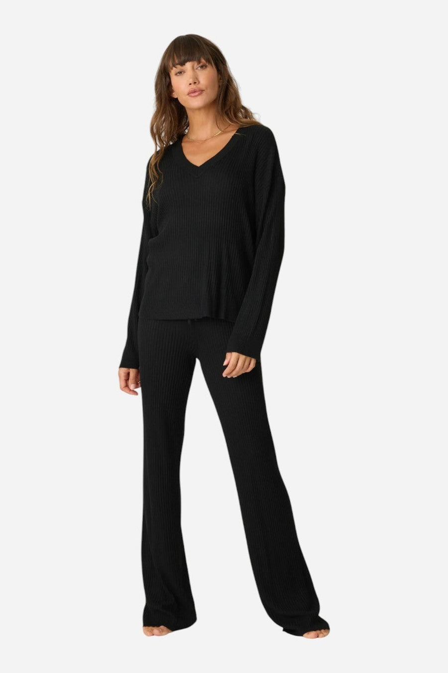 PJ Salvage Jet Set Luxe Ribbed Long Sleeve Top in Black – side view