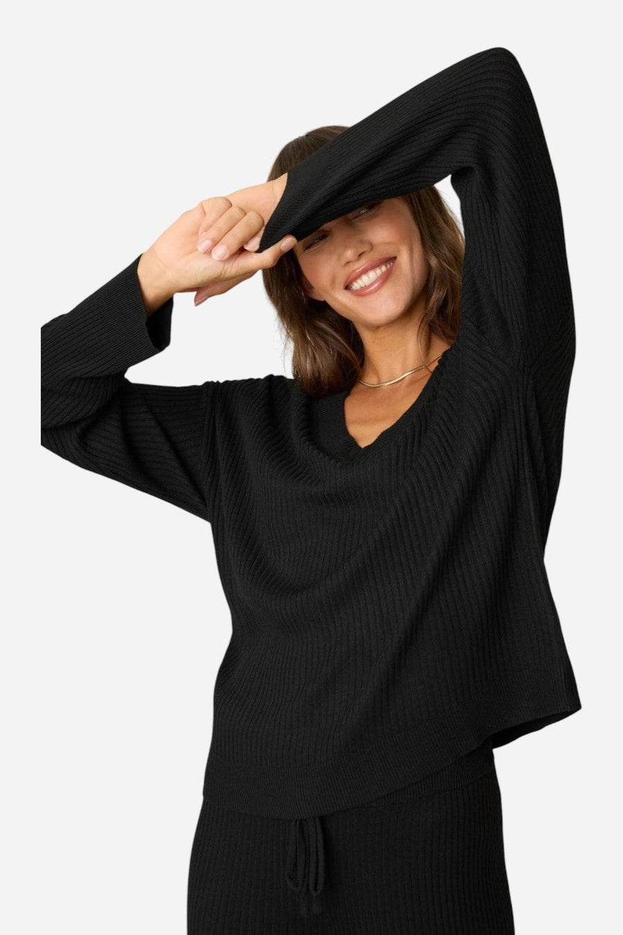 PJ Salvage Jet Set Luxe Ribbed Long Sleeve Top in Black – side view