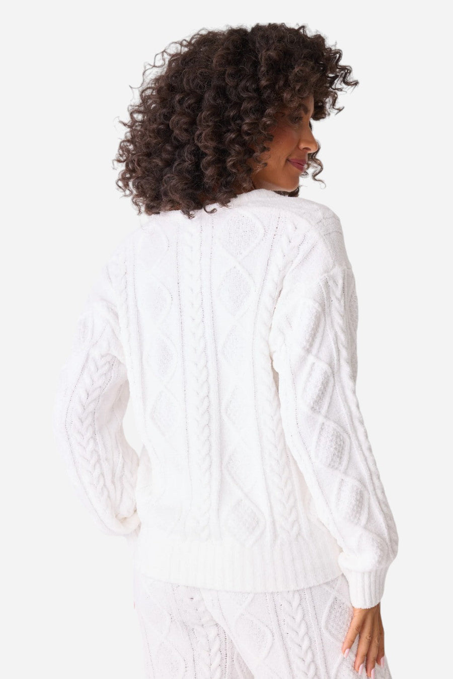 PJ Salvage Long Sleeve Cable Crew Top Ivory – flat lay