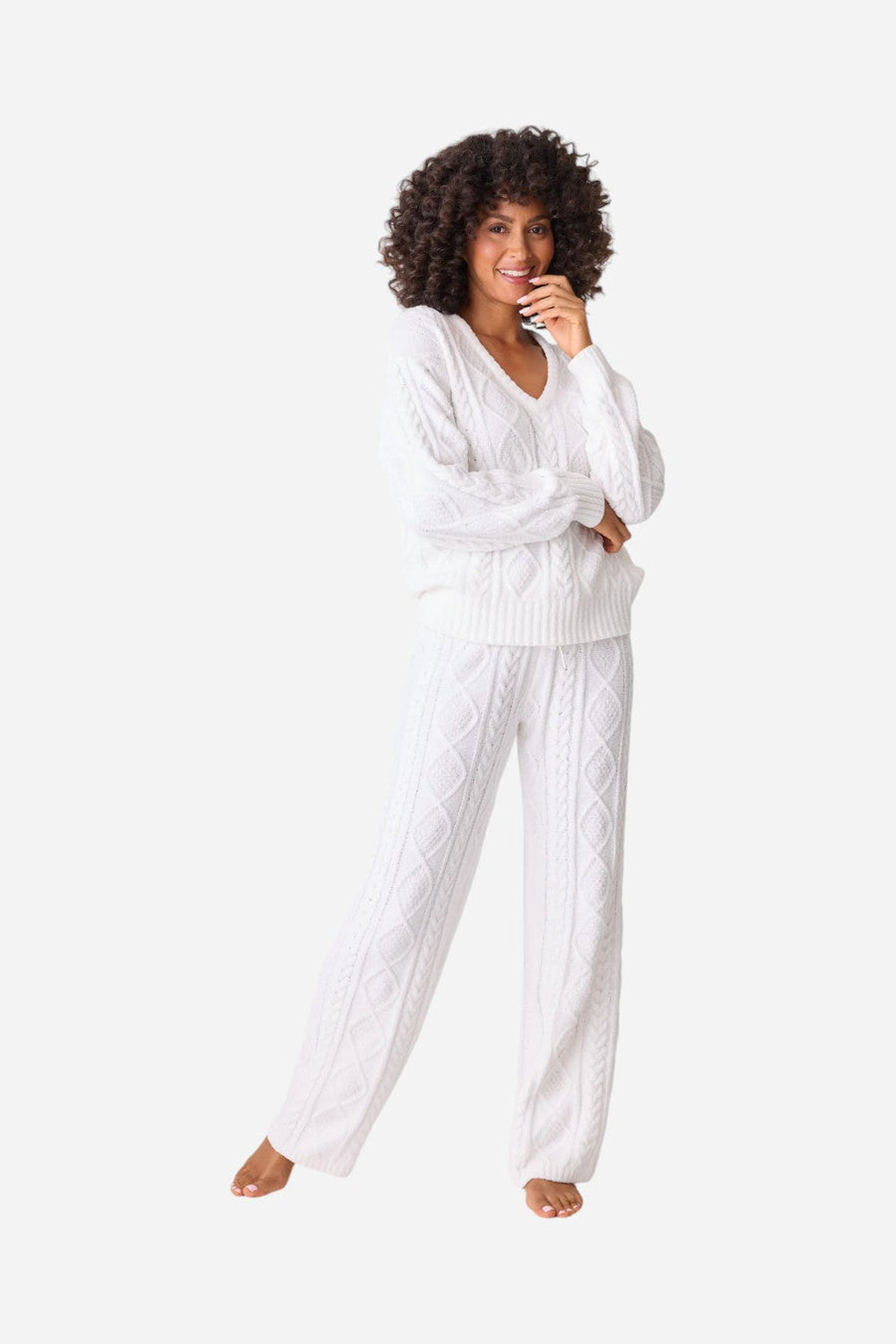 PJ Salvage Long Sleeve Cable Crew Top Ivory – side view