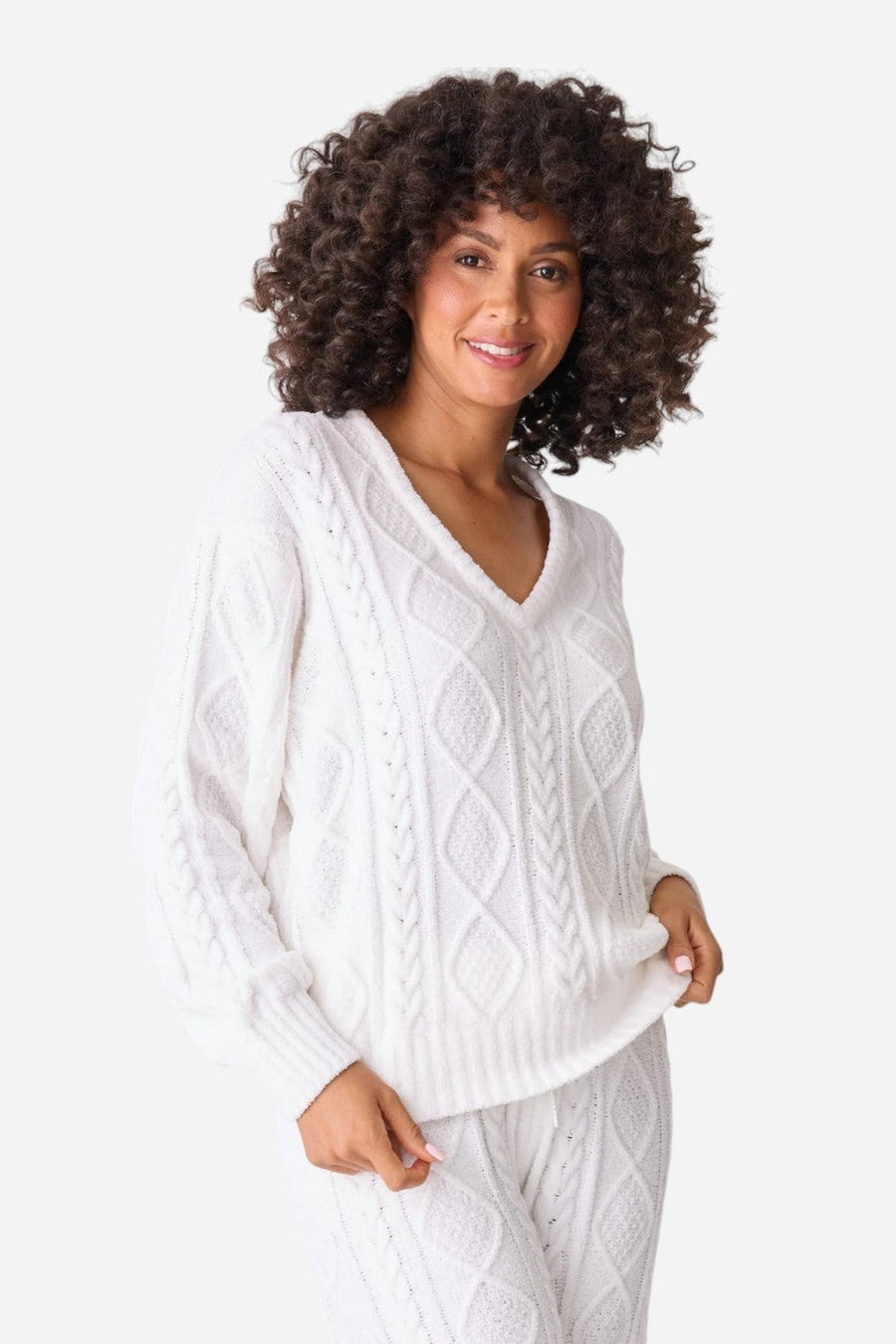 PJ Salvage Long Sleeve Cable Crew Top Ivory – side view