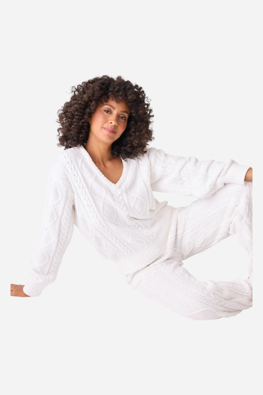 PJ Salvage Long Sleeve Cable Crew Top Ivory – side view